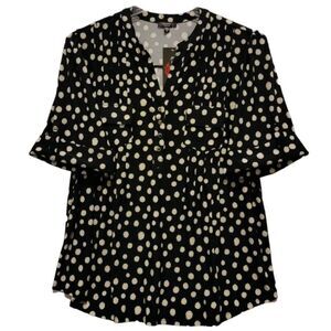 NWT Cocomo Plus Size 3X Black & Beige Polka Dot Print Pintuck 3/4 Sleeve Top